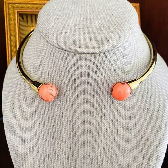 Coral Howlite Beaded Choker Necklace – Gold Tone Open Collar – Modern Statement - Picture 2 of 6
